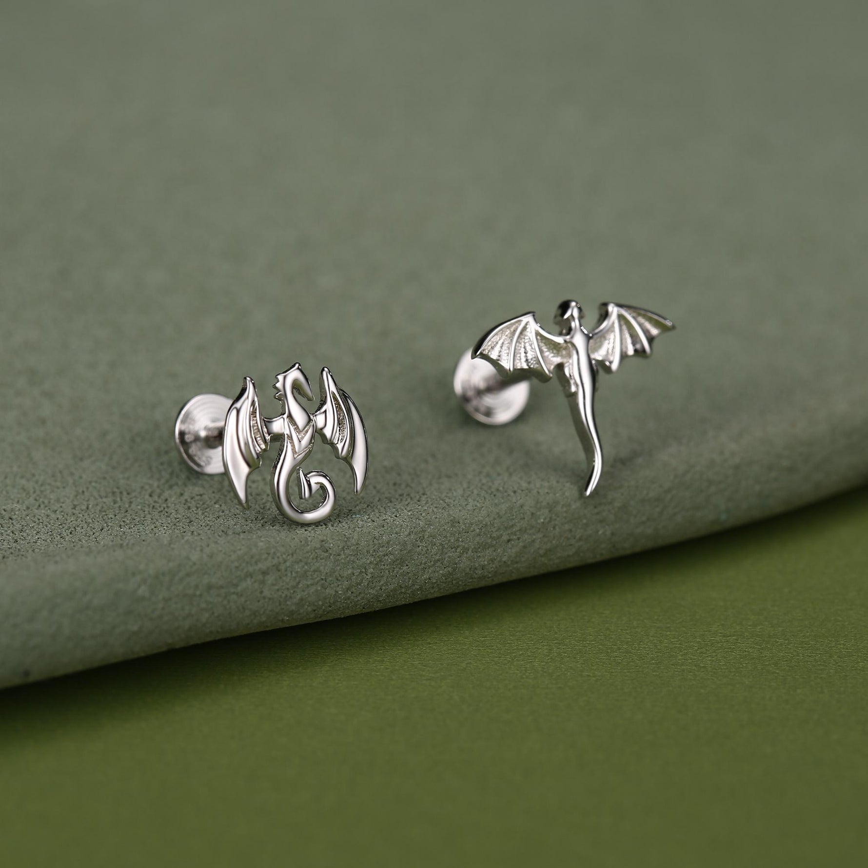 Sterling Silver Mismatched Dragon 16G Internally Threaded Flat Back Earrings