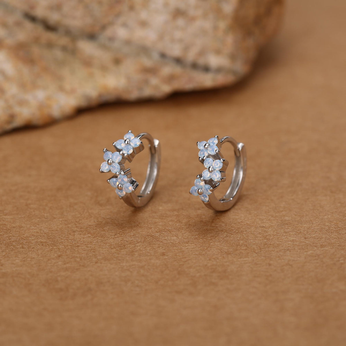 Sterling Silver Opal Floral Huggie Hoop Earrings