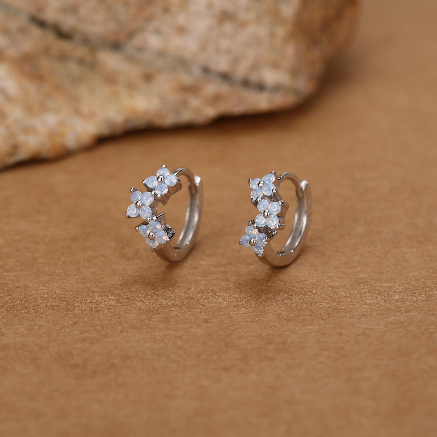 Sterling Silver Opal Floral Huggie Hoop Earrings
