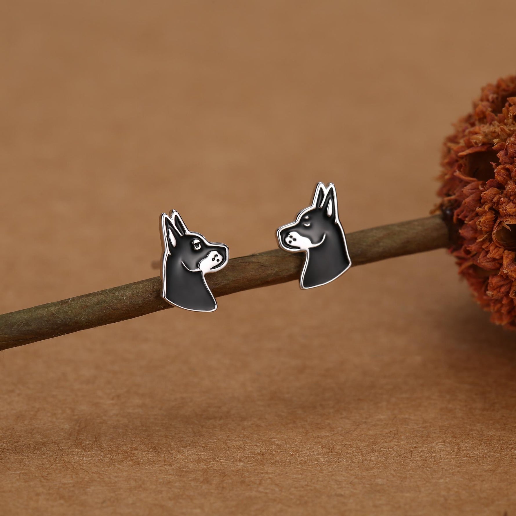 Sterling Silver Doberman Dog Stud Earrings