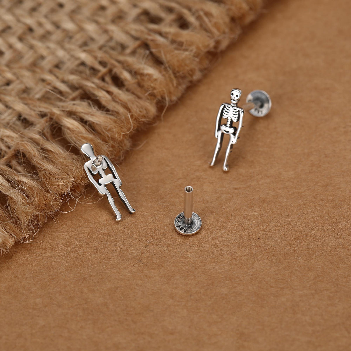 Sterling Silver Skeleton 16G Internally Threaded Flat Back Earrings