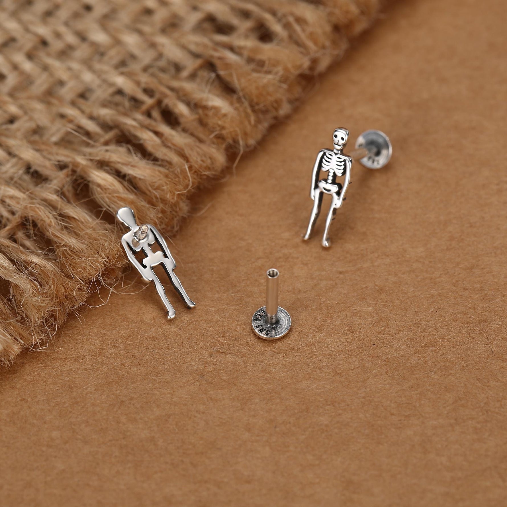Sterling Silver Skeleton 16G Internally Threaded Flat Back Earrings