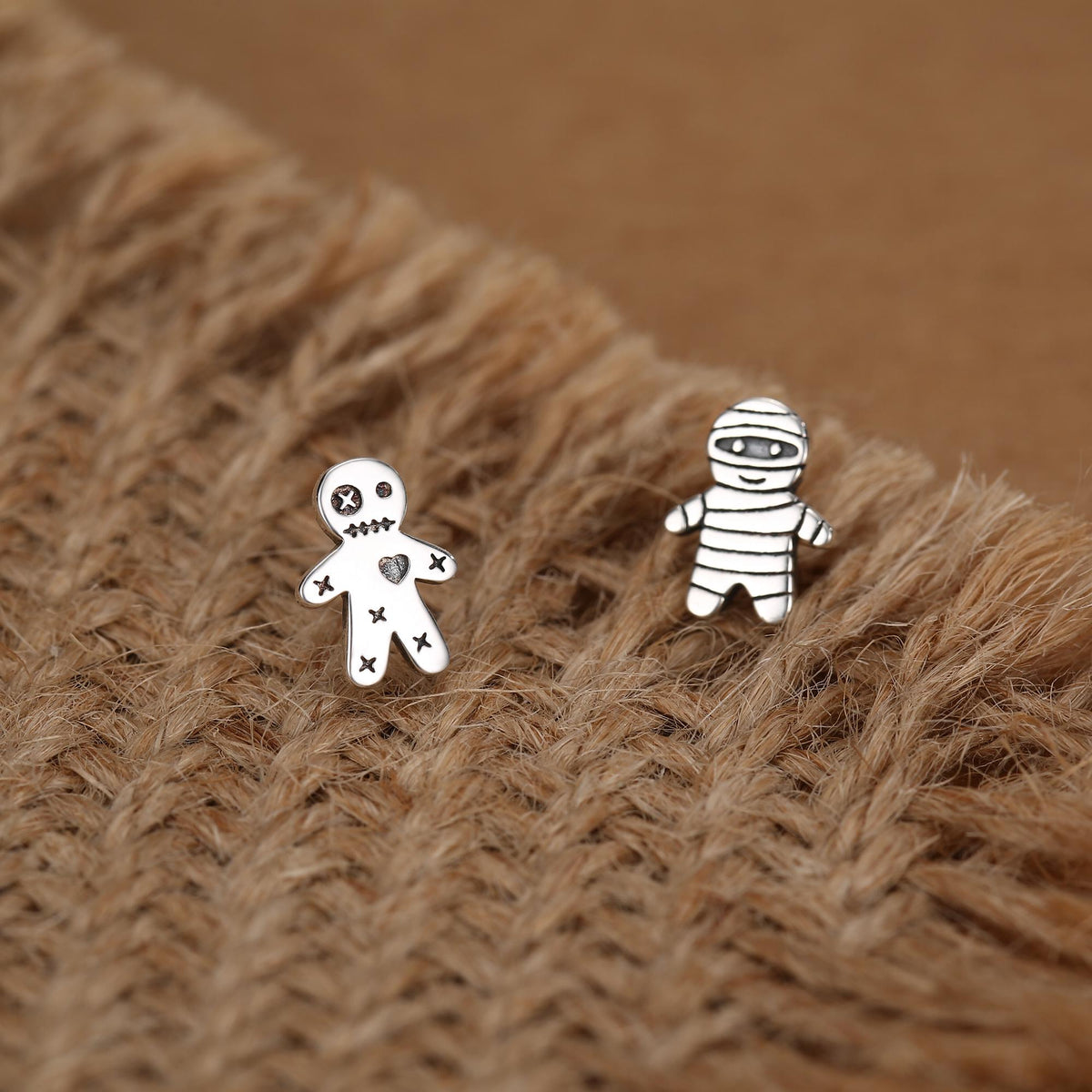 Sterling Silver Mismatched Voodoo Doll and Mummy Stud Earrings