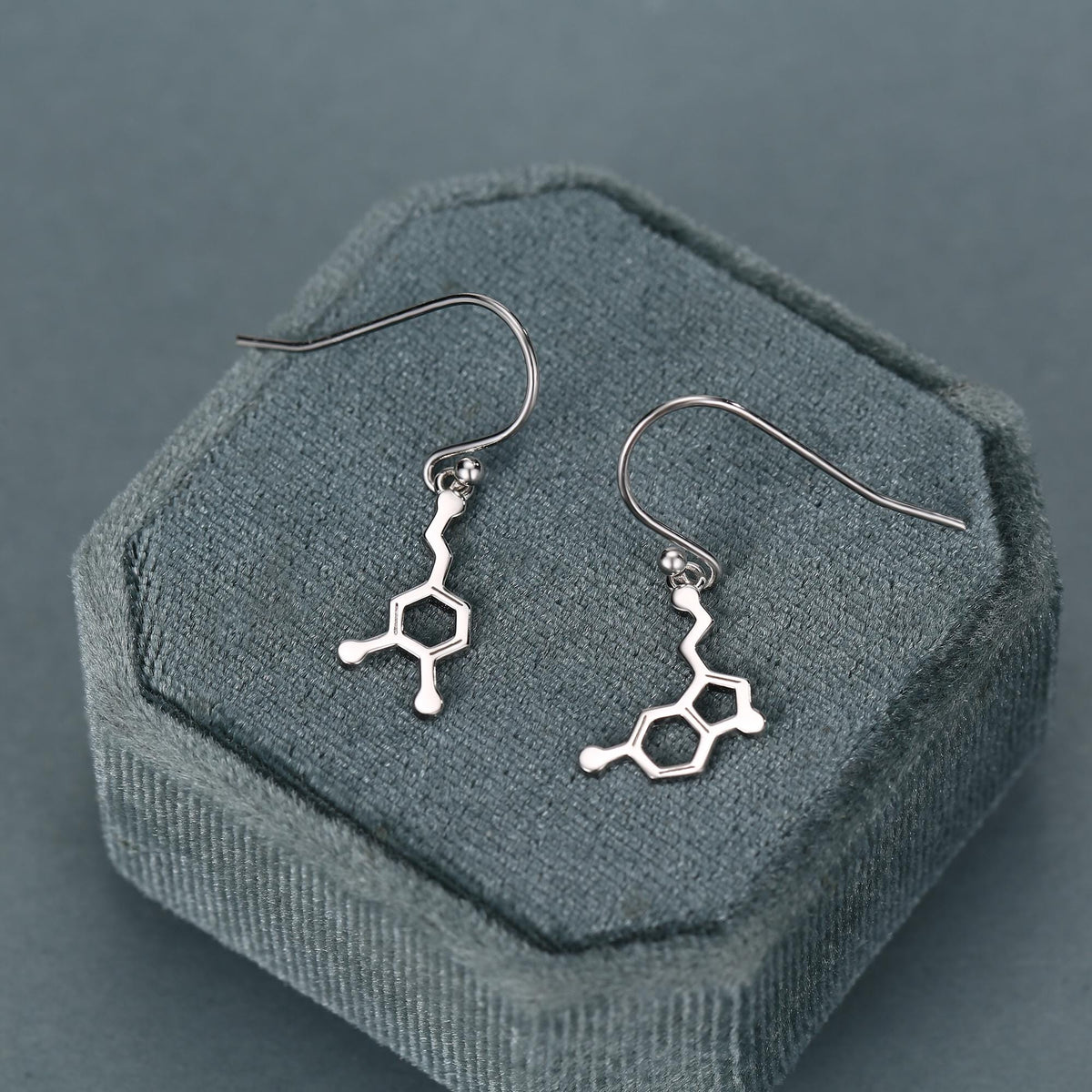 Sterling Silver Mismatched Serotonin and Dopamine Molecule Drop Earrings