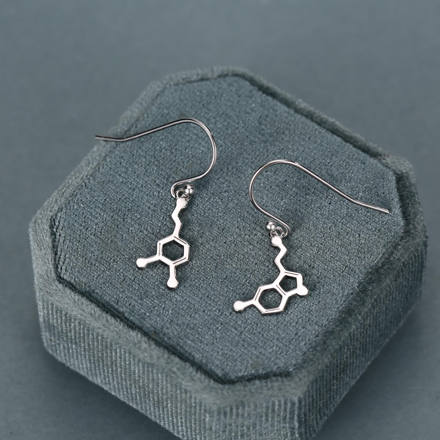 Sterling Silver Mismatched Serotonin and Dopamine Molecule Drop Earrings