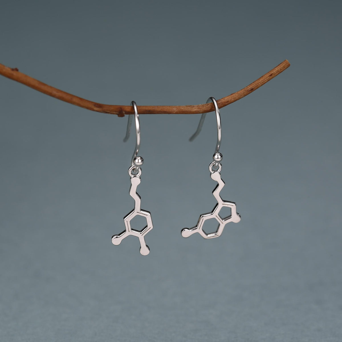 Sterling Silver Mismatched Serotonin and Dopamine Molecule Drop Earrings