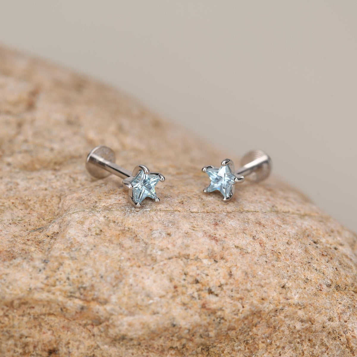 Sterling Silver Aqua CZ Star 16G Flat Back Earrings