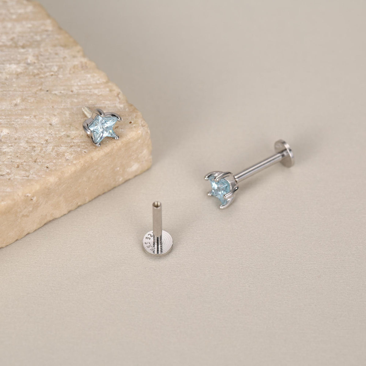Sterling Silver Aqua CZ Star 16G Flat Back Earrings