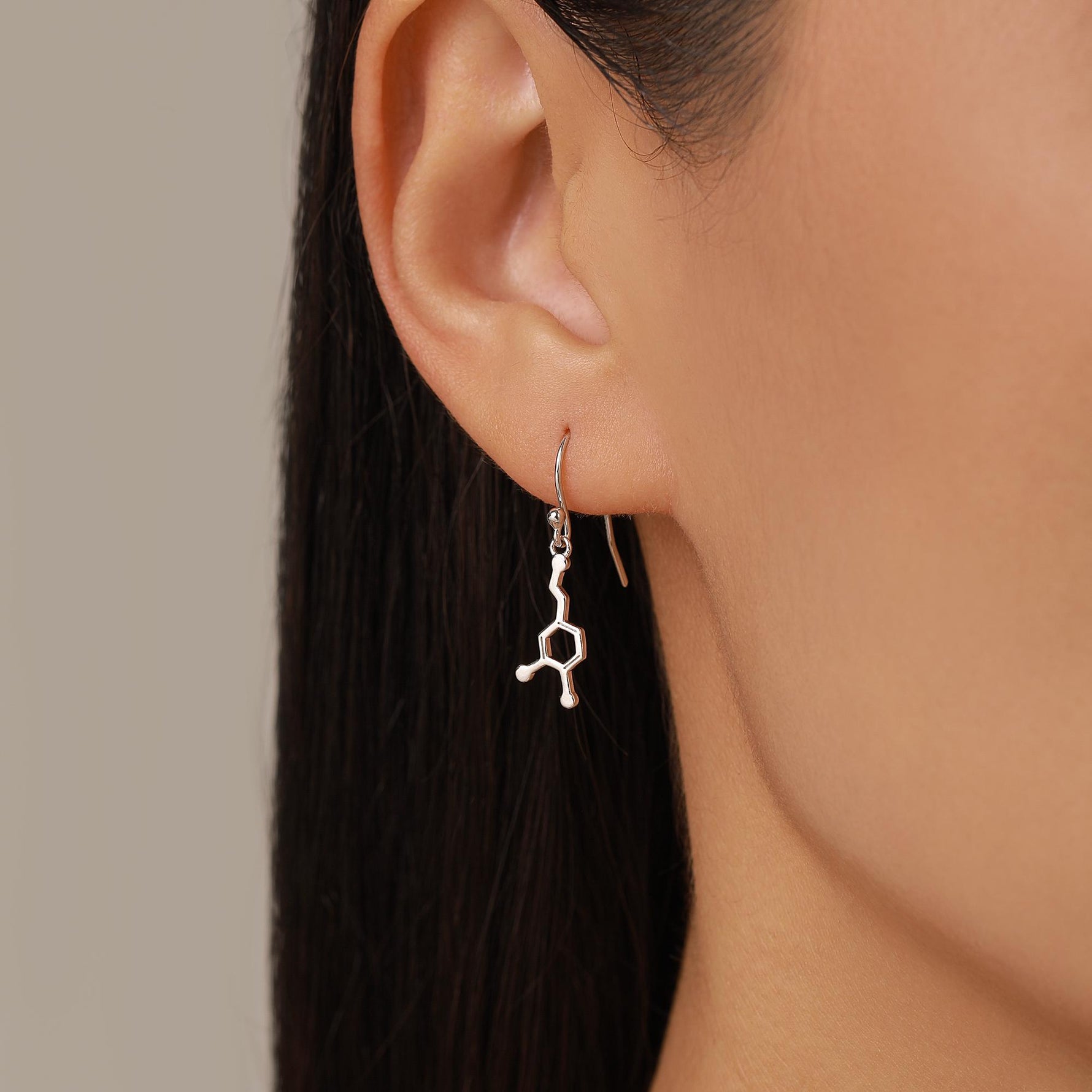 Sterling Silver Mismatched Serotonin and Dopamine Molecule Drop Earrings