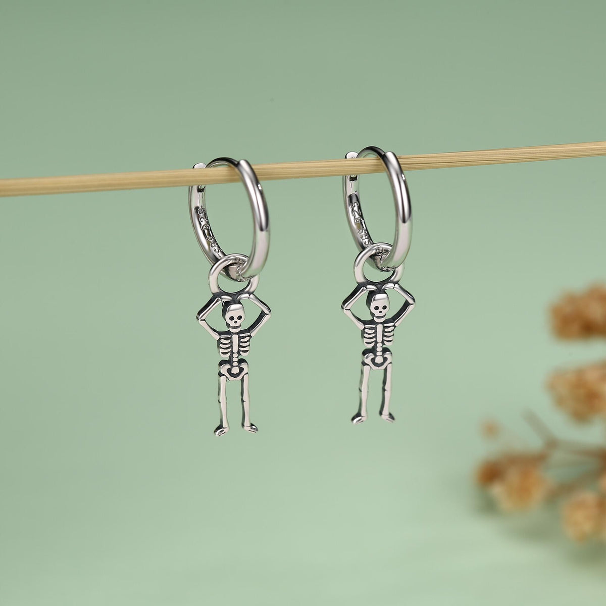 Sterling Silver Dancing Skeleton Hoop Earrings
