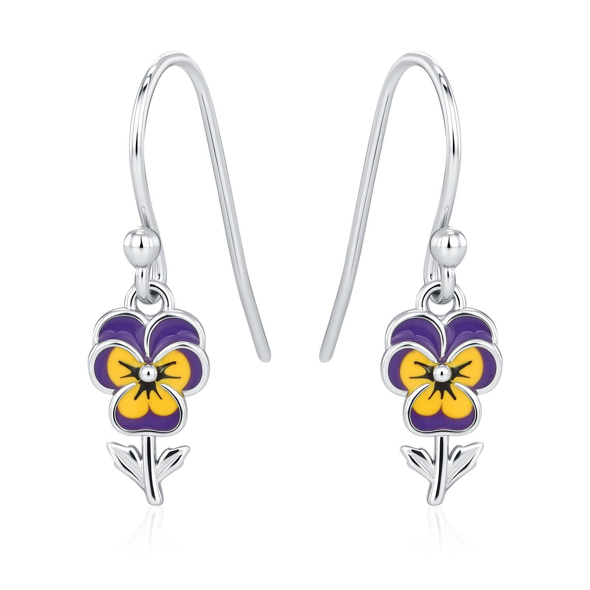 Sterling Silver Enamel Pansy Drop Earrings