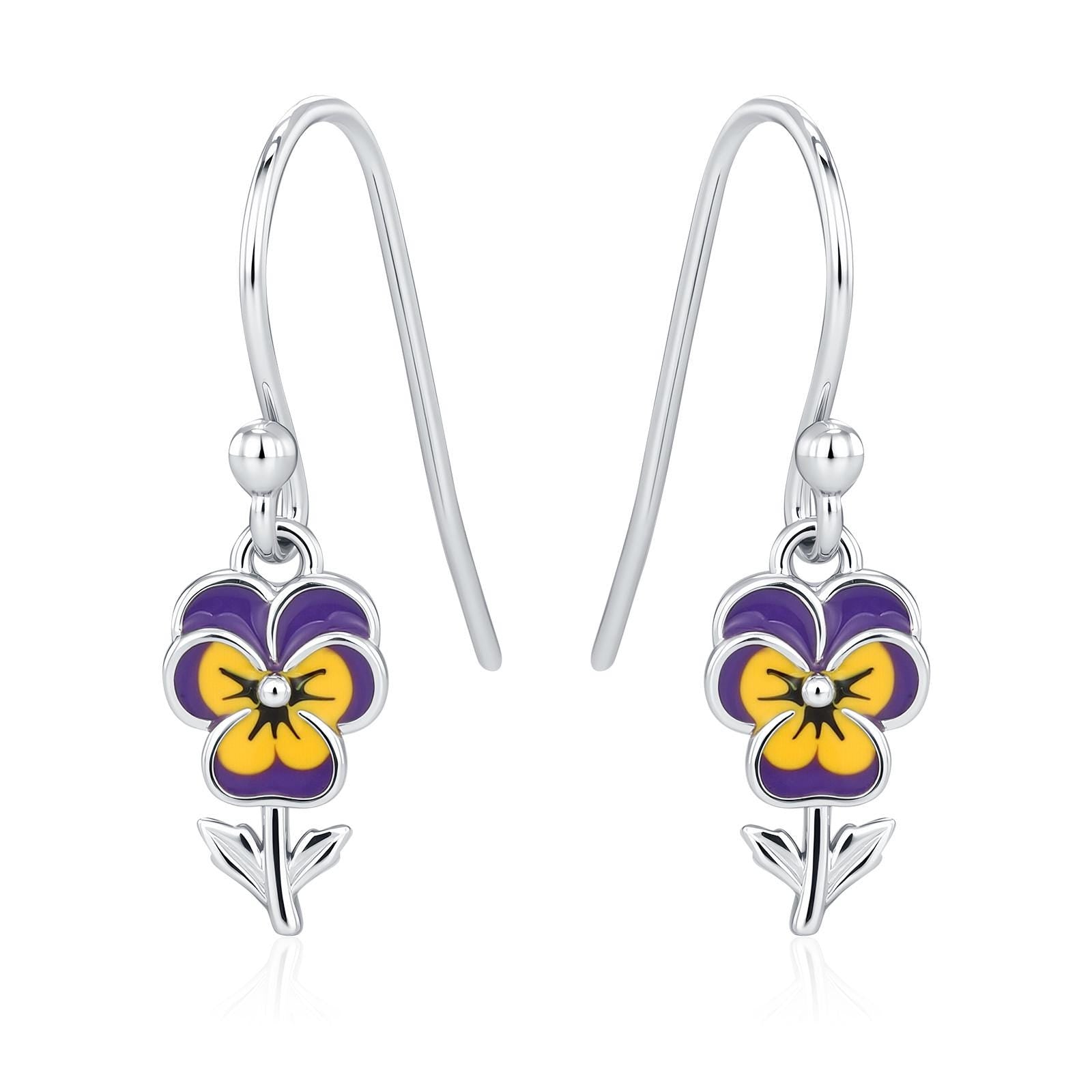 Sterling Silver Enamel Pansy Drop Earrings