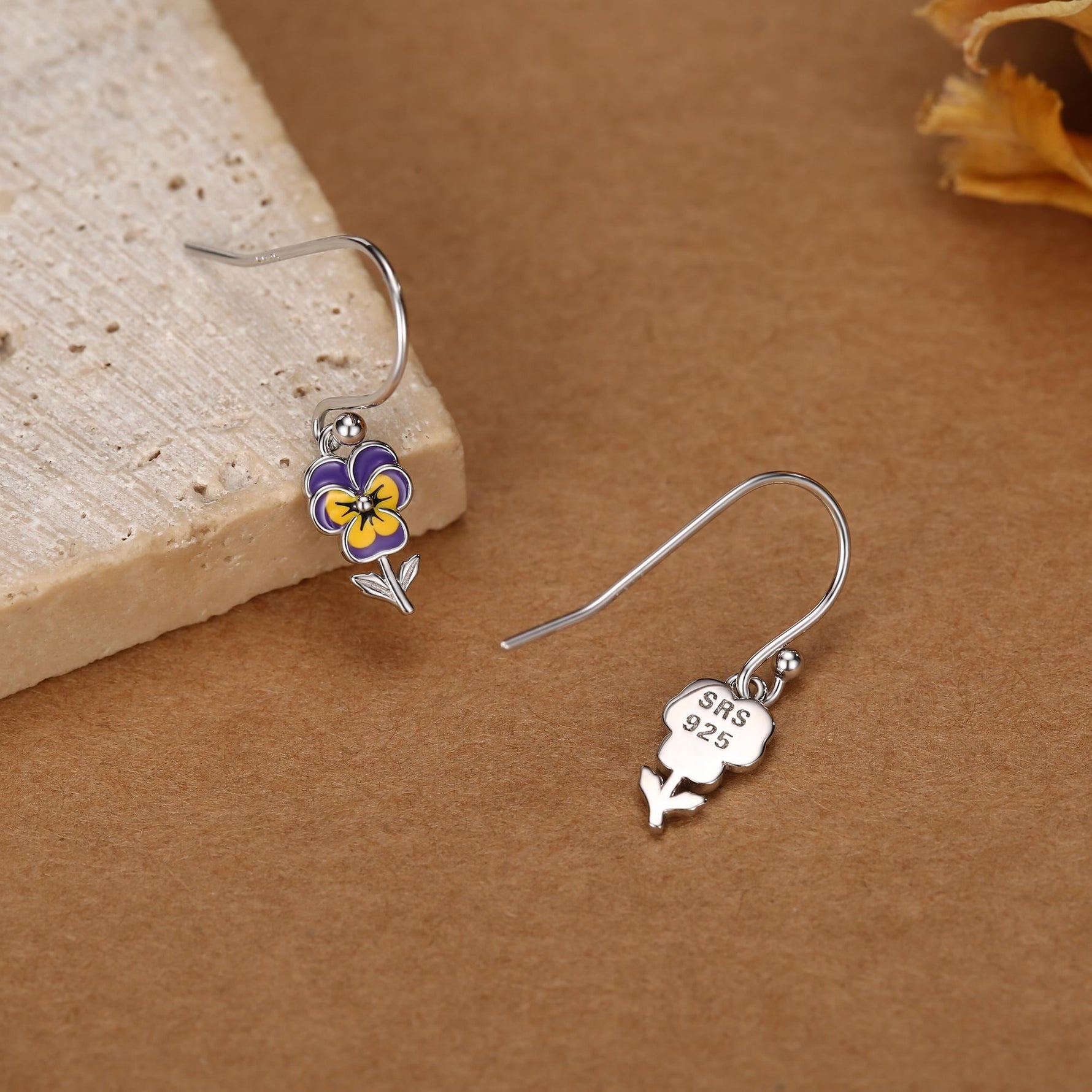 Sterling Silver Enamel Pansy Drop Earrings