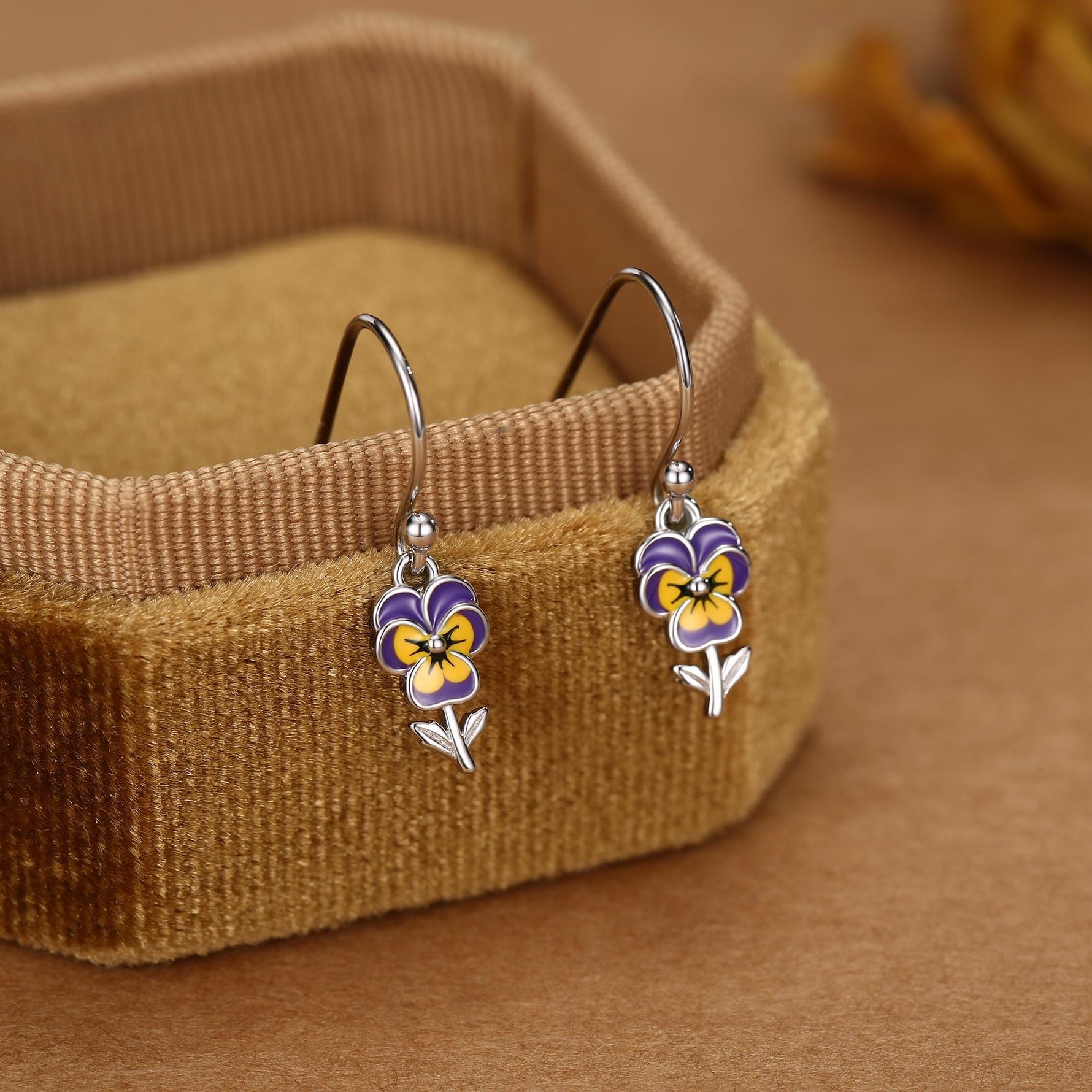 Sterling Silver Enamel Pansy Drop Earrings