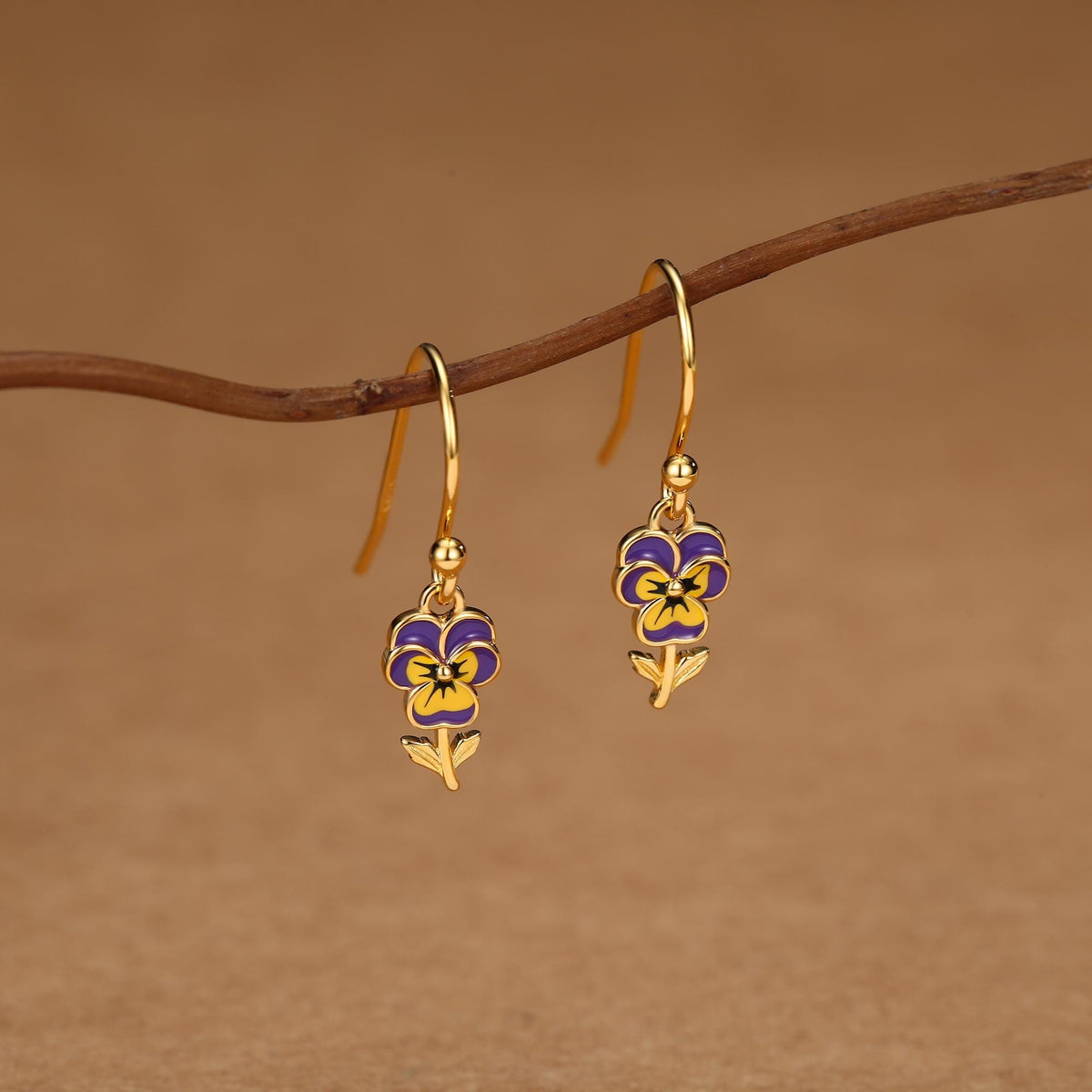 Sterling Silver Enamel Pansy Drop Earrings