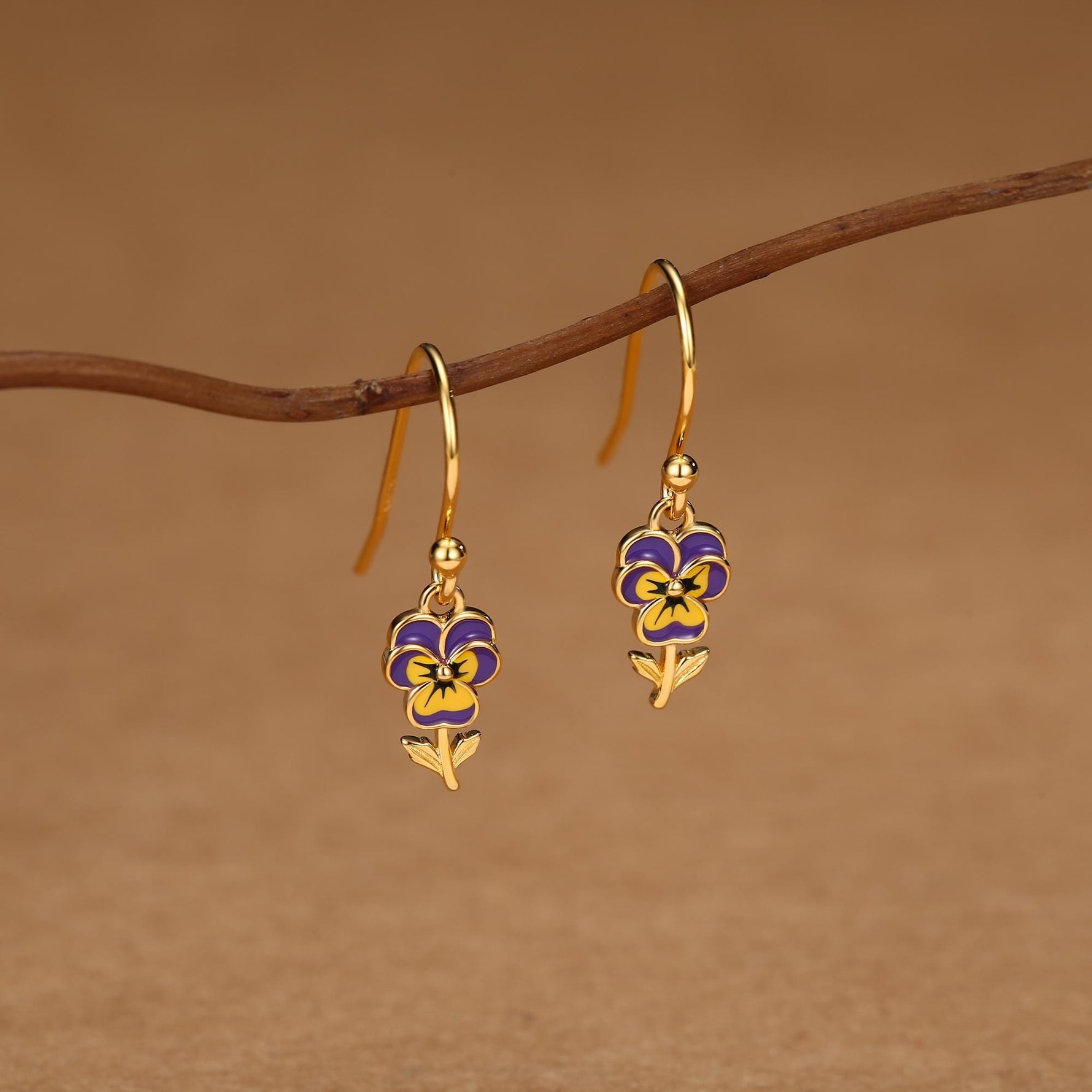 Sterling Silver Enamel Pansy Drop Earrings