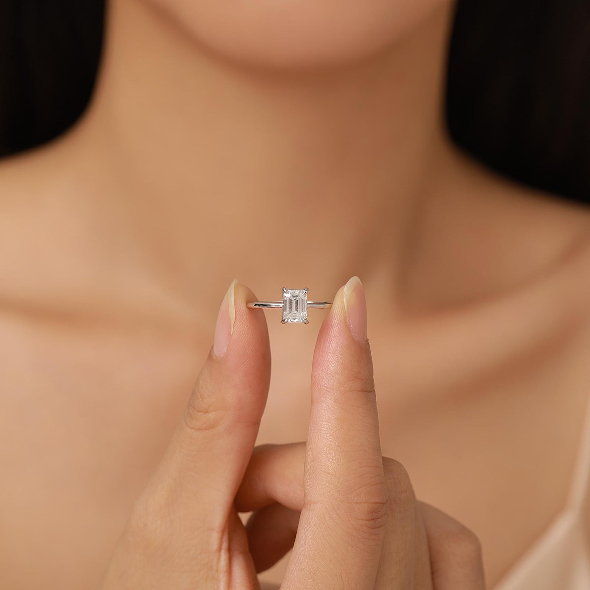 1 Carat Emerald Cut Moissanite Engagement Ring