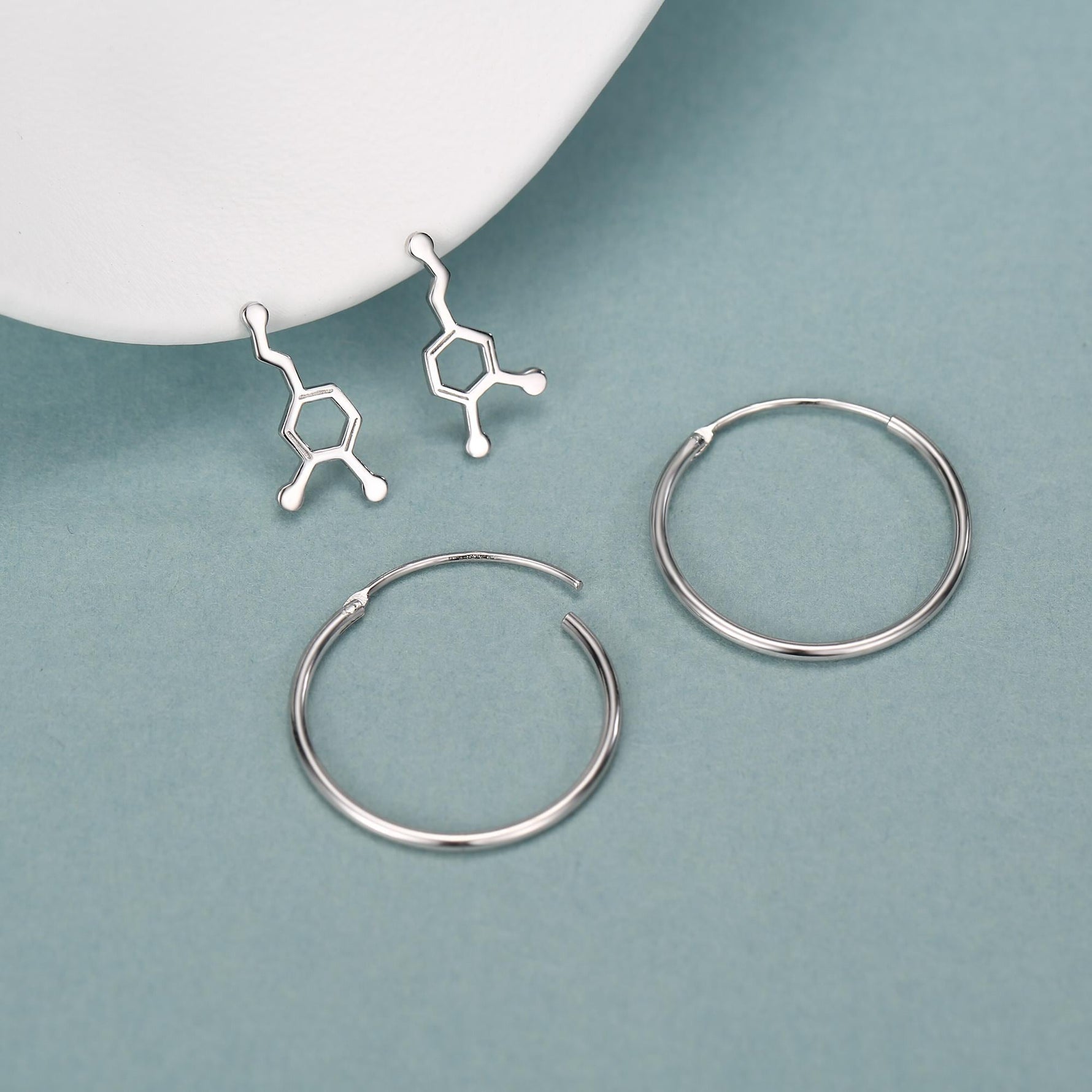 Sterling Silver Dopamine Molecule Hoop Earrings