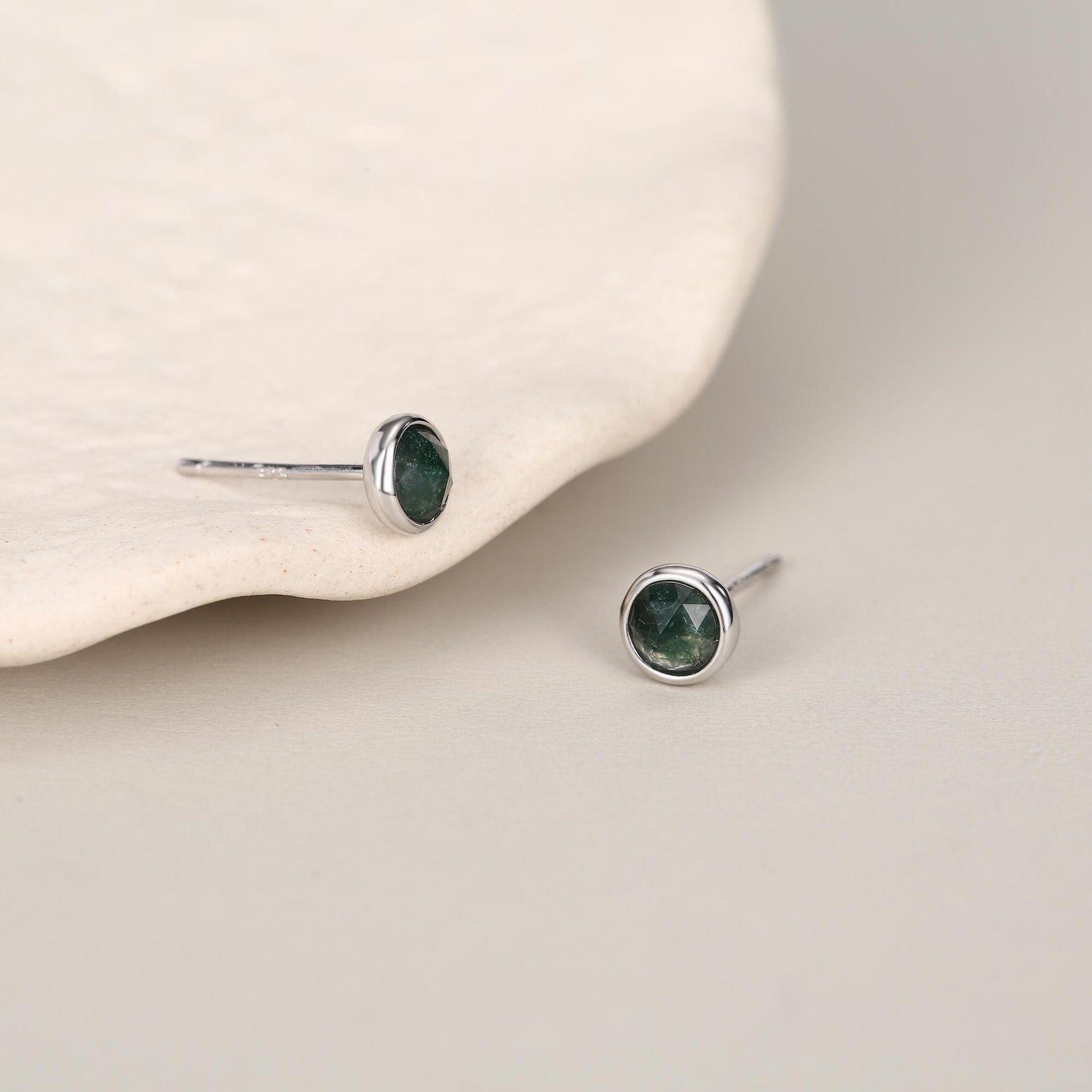 Sterling Silver Moss Agate Stud Earrings