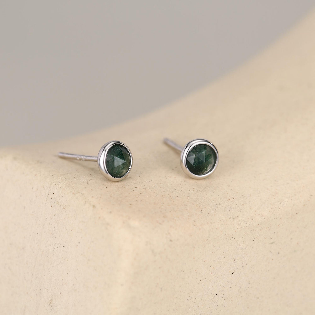Sterling Silver Moss Agate Stud Earrings