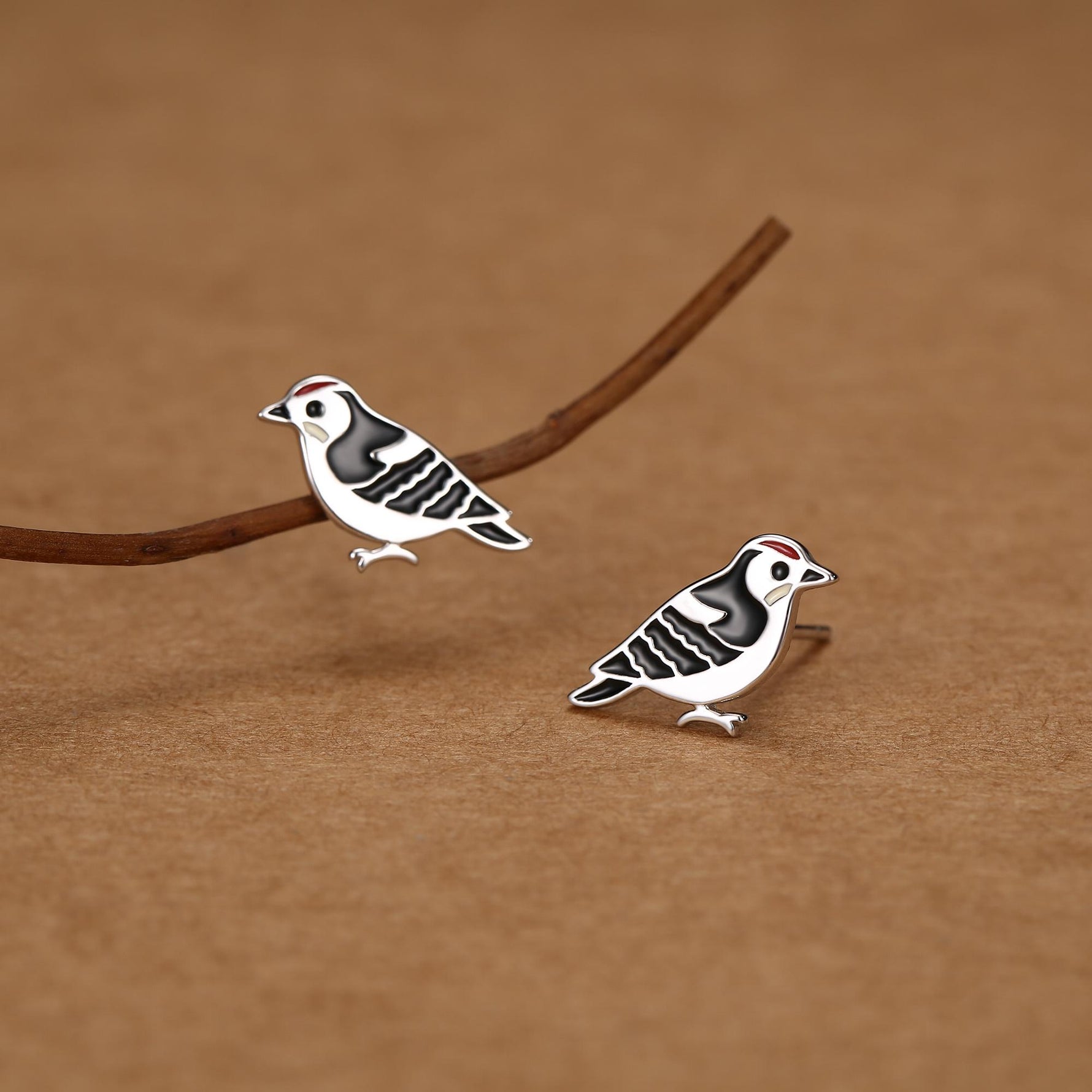 Sterling Silver Woodpecker Bird Stud Earrings