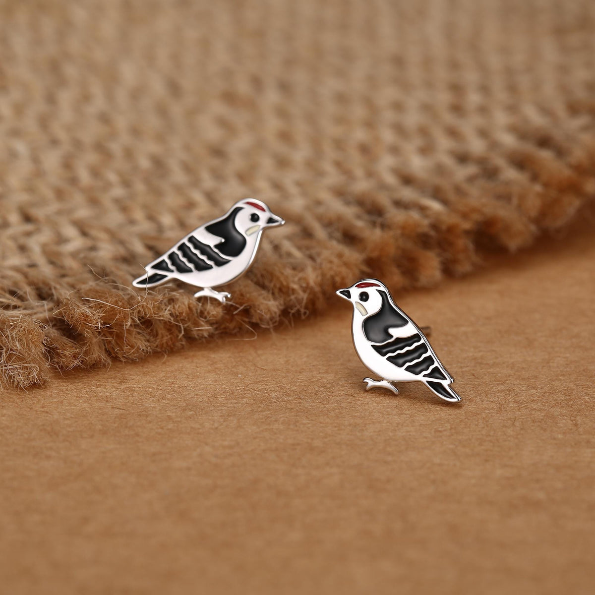 Sterling Silver Woodpecker Bird Stud Earrings