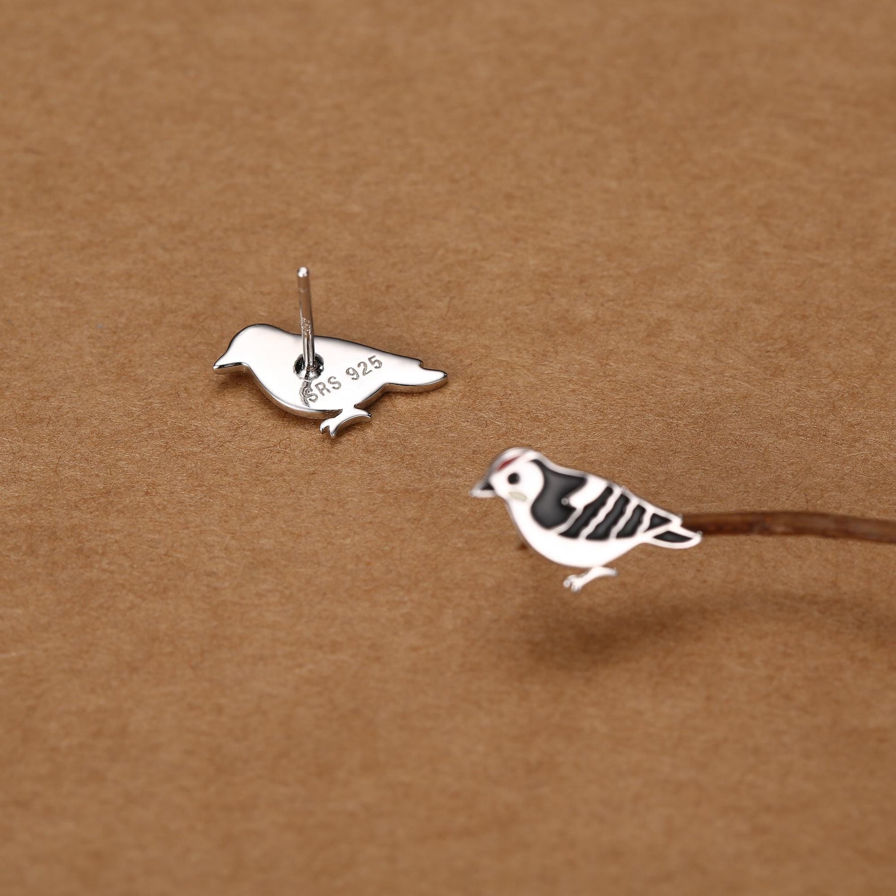 Sterling Silver Woodpecker Bird Stud Earrings
