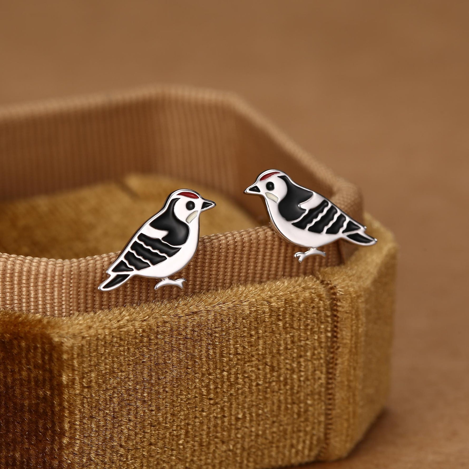 Sterling Silver Woodpecker Bird Stud Earrings