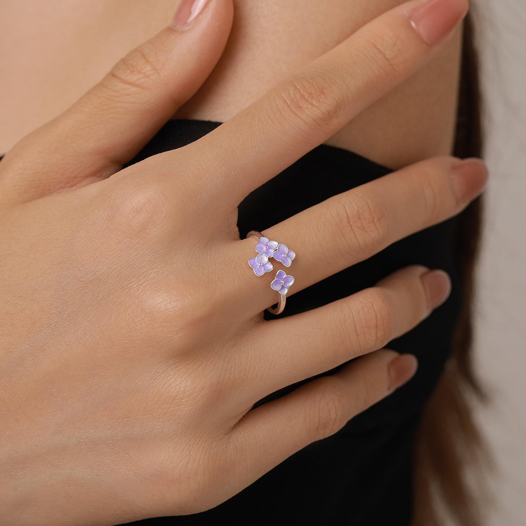 Sterling Silver Enamel Purple Hydrangea Adjustable Ring