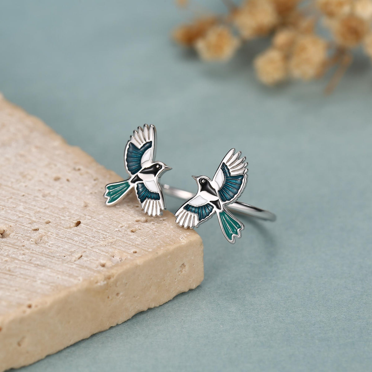 Sterling Silver Enamel Two Magpies Open Ring