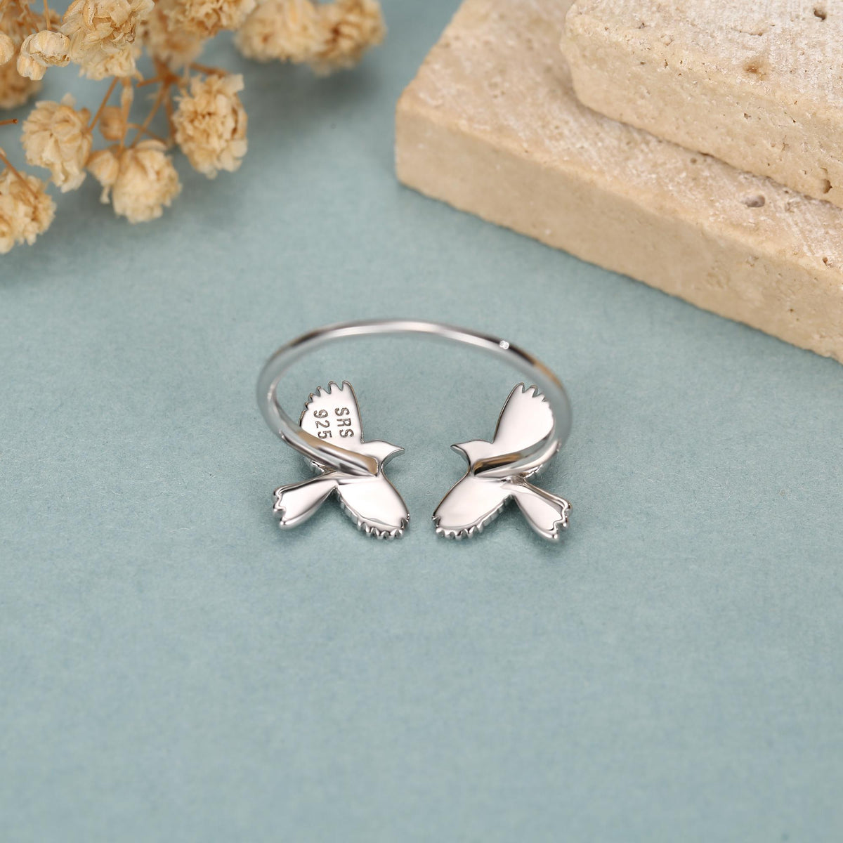 Sterling Silver Enamel Two Magpies Open Ring