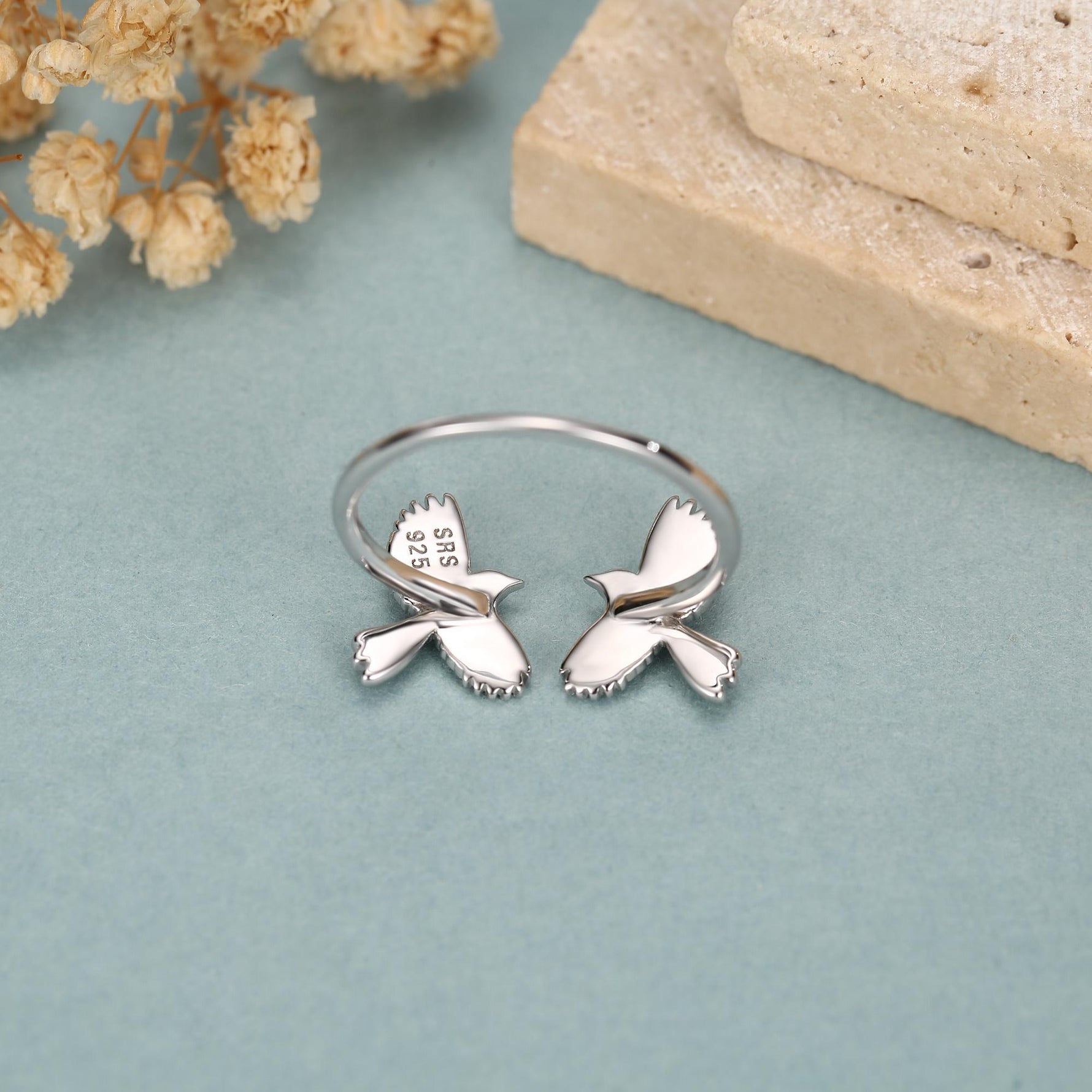 Sterling Silver Enamel Two Magpies Open Ring