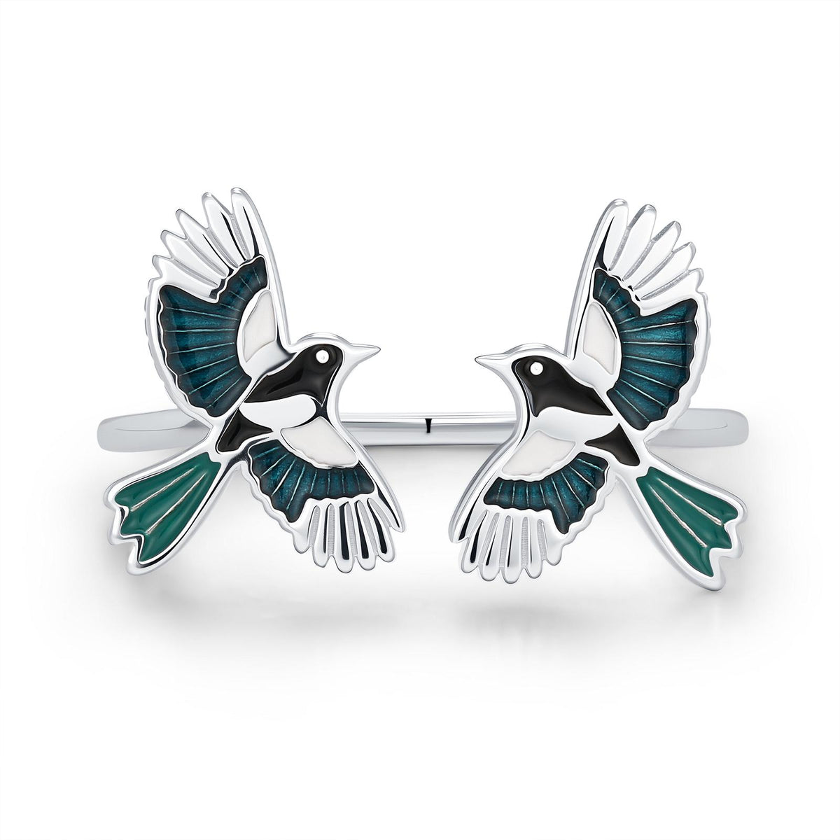 Sterling Silver Enamel Two Magpies Open Ring