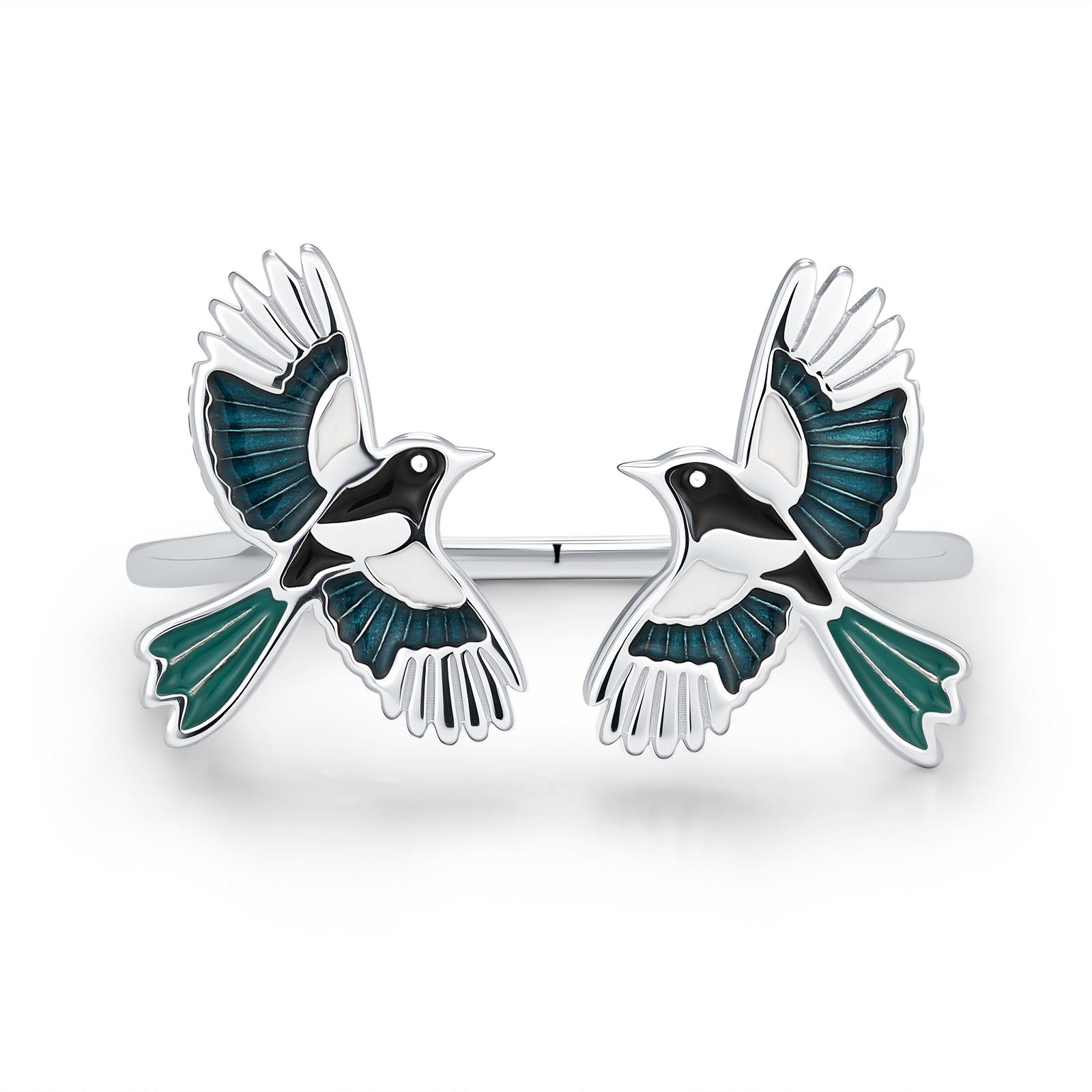 Sterling Silver Enamel Two Magpies Open Ring