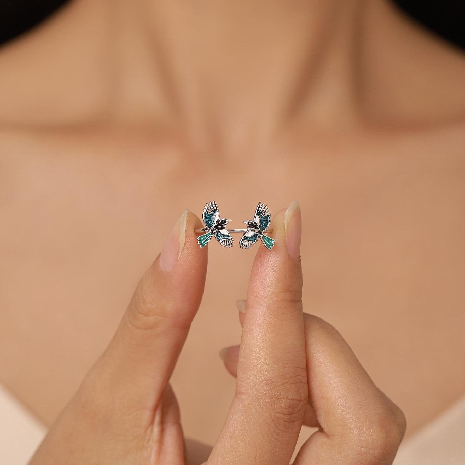 Sterling Silver Enamel Two Magpies Open Ring