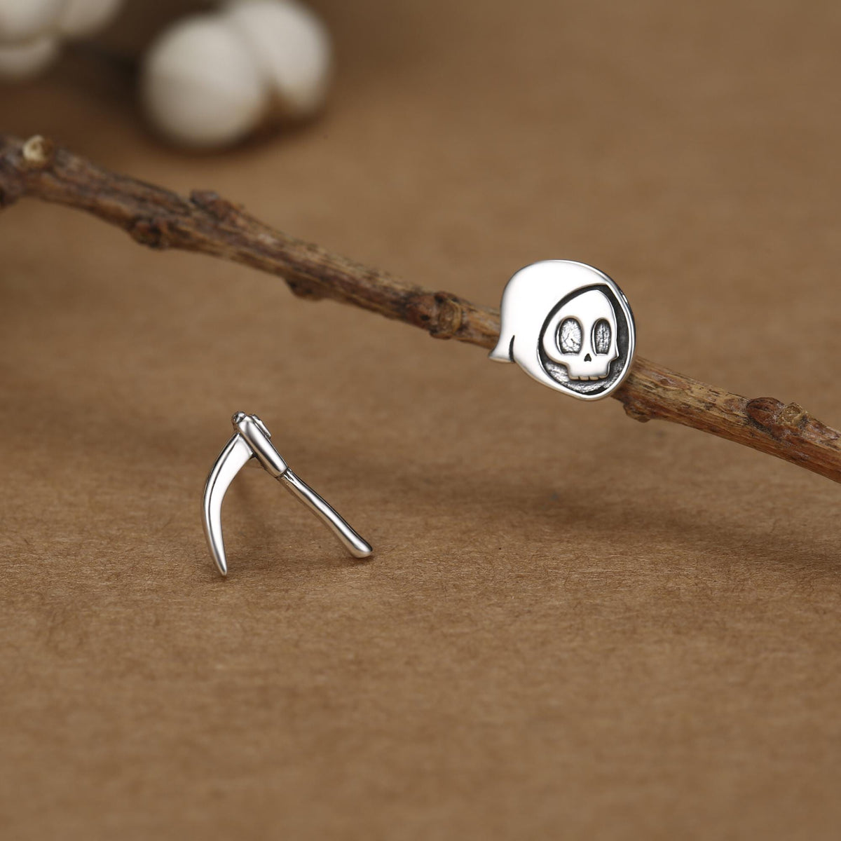 Sterling Silver Mismatched Grim Reaper and Scythe Stud Earrings