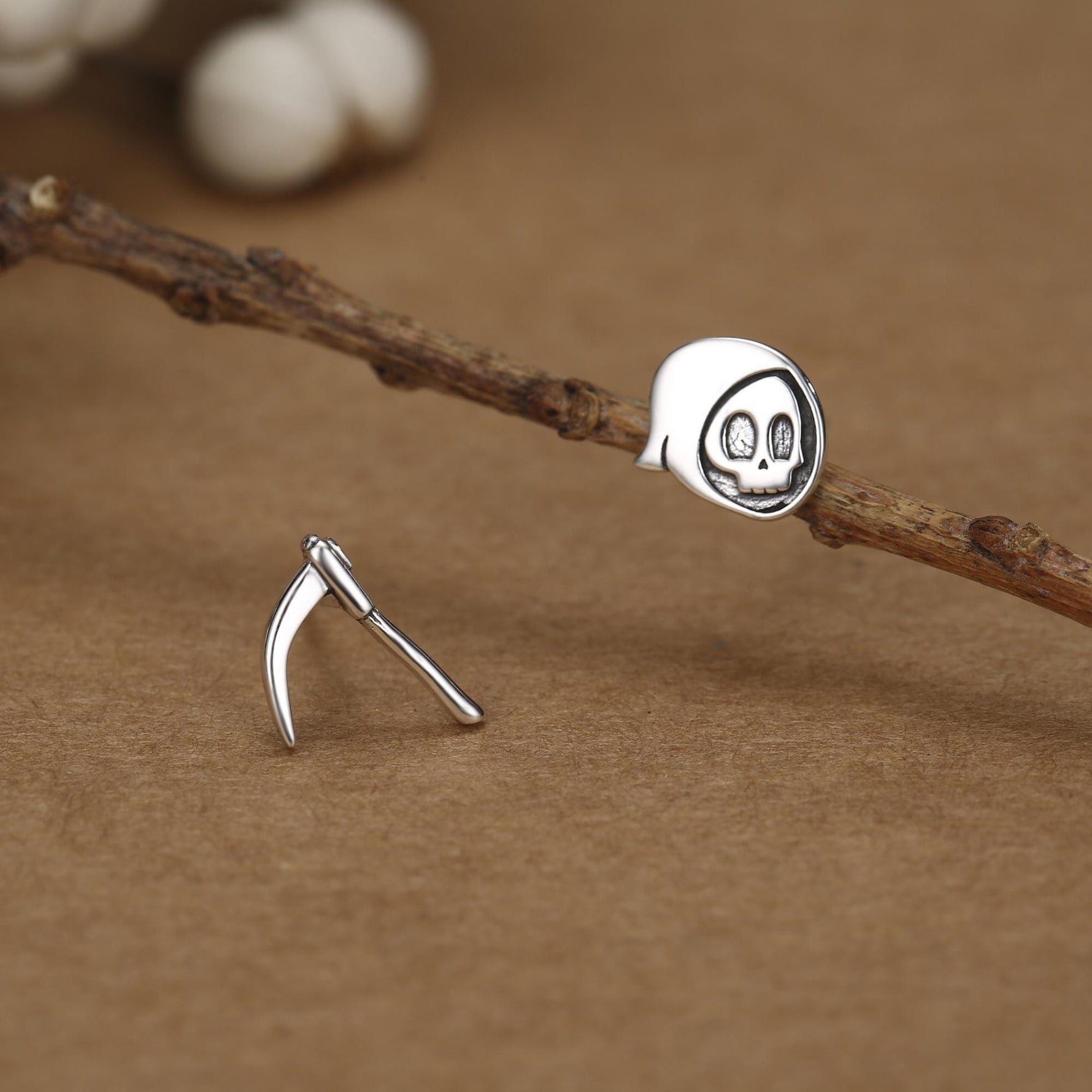 Sterling Silver Mismatched Grim Reaper and Scythe Stud Earrings