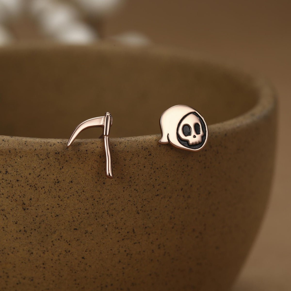 Sterling Silver Mismatched Grim Reaper and Scythe Stud Earrings