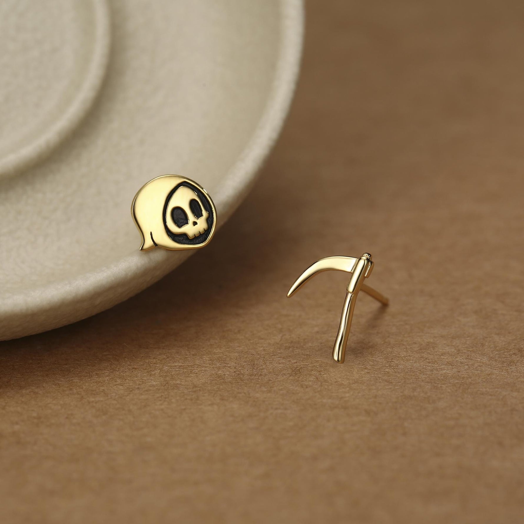 Sterling Silver Mismatched Grim Reaper and Scythe Stud Earrings