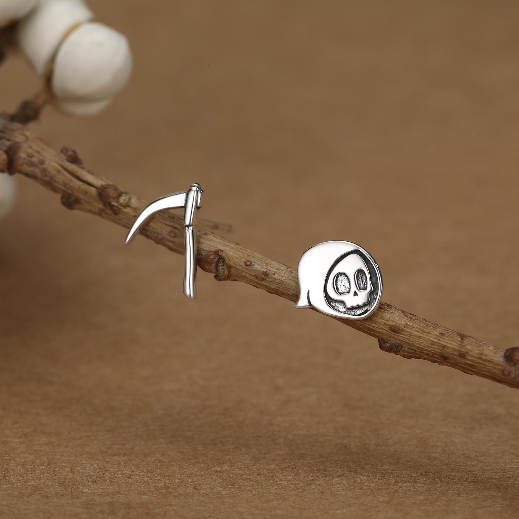 Sterling Silver Mismatched Grim Reaper and Scythe Stud Earrings