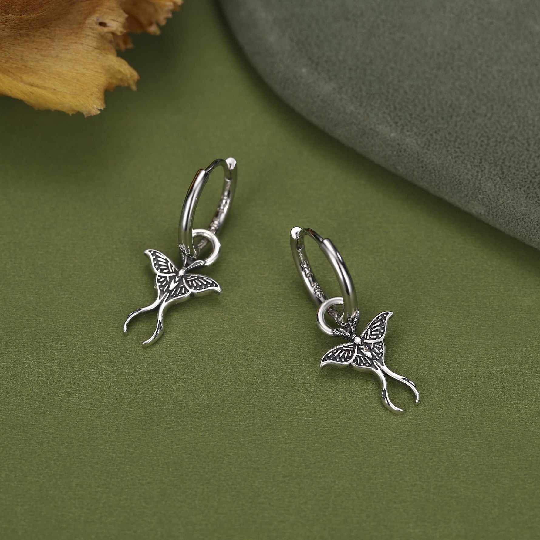 Sterling Silver Luna Moth Charm Hoop Earrings
