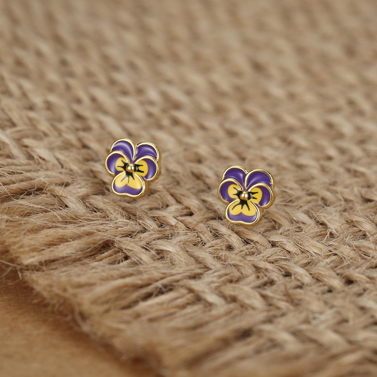 Sterling Silver Enamel Pansy Stud Earrings