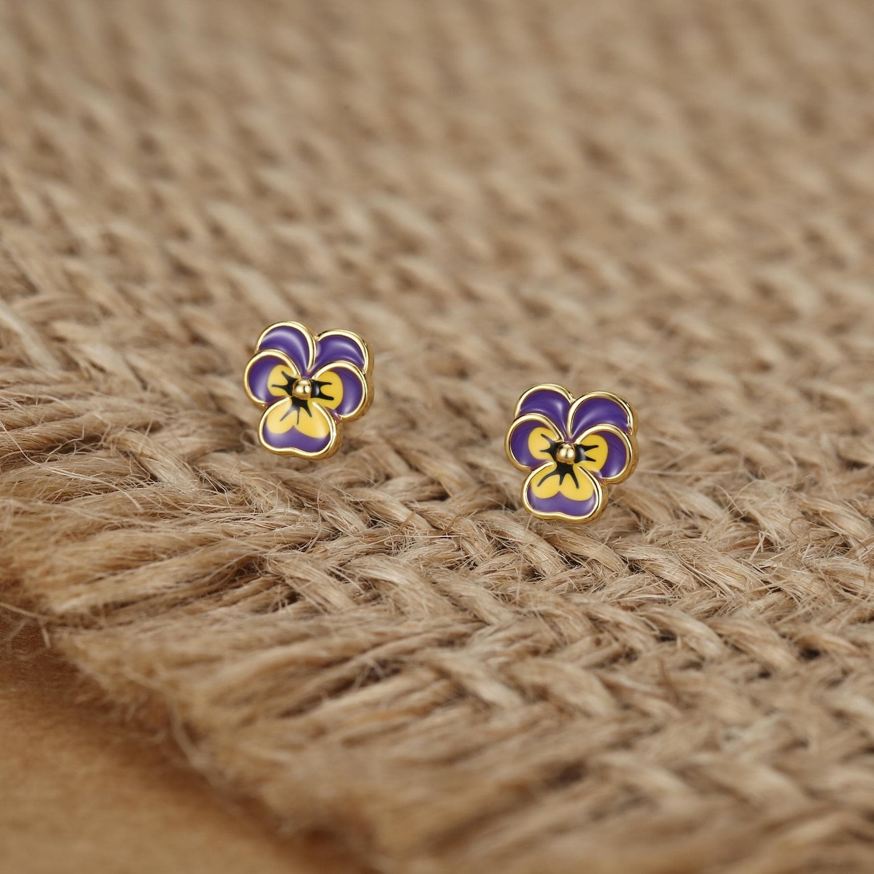 Sterling Silver Enamel Pansy Stud Earrings