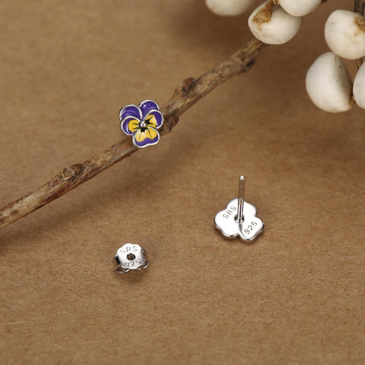 Sterling Silver Enamel Pansy Stud Earrings