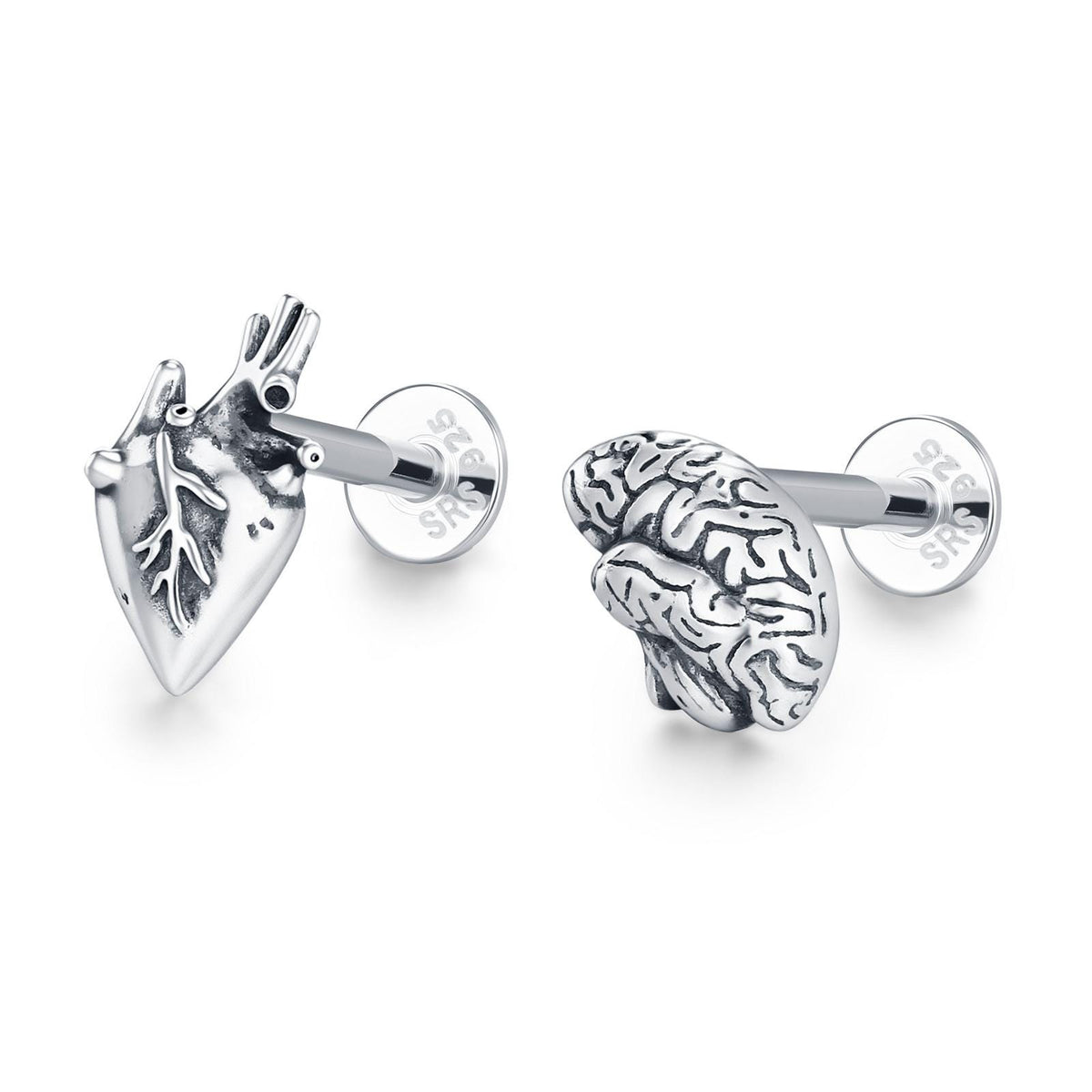 Sterling Silver Mismatched Anatomical Heart and Brain 16G Flat Back Labret