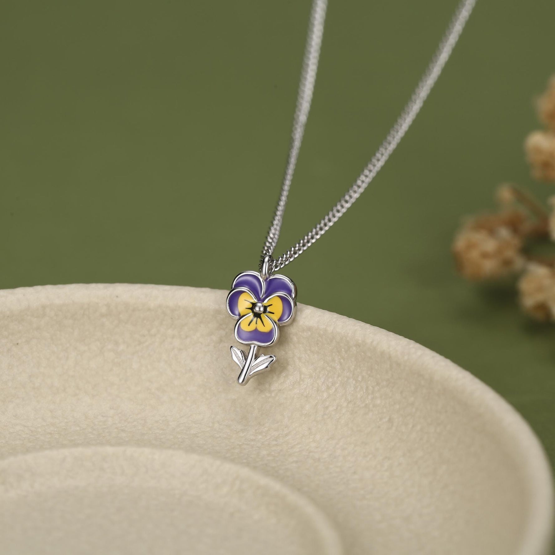 Sterling Silver Enamel Pansy Flower Necklace