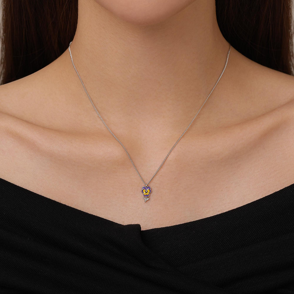 Sterling Silver Enamel Pansy Flower Necklace