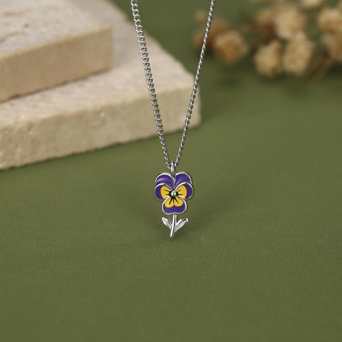 Sterling Silver Enamel Pansy Flower Necklace