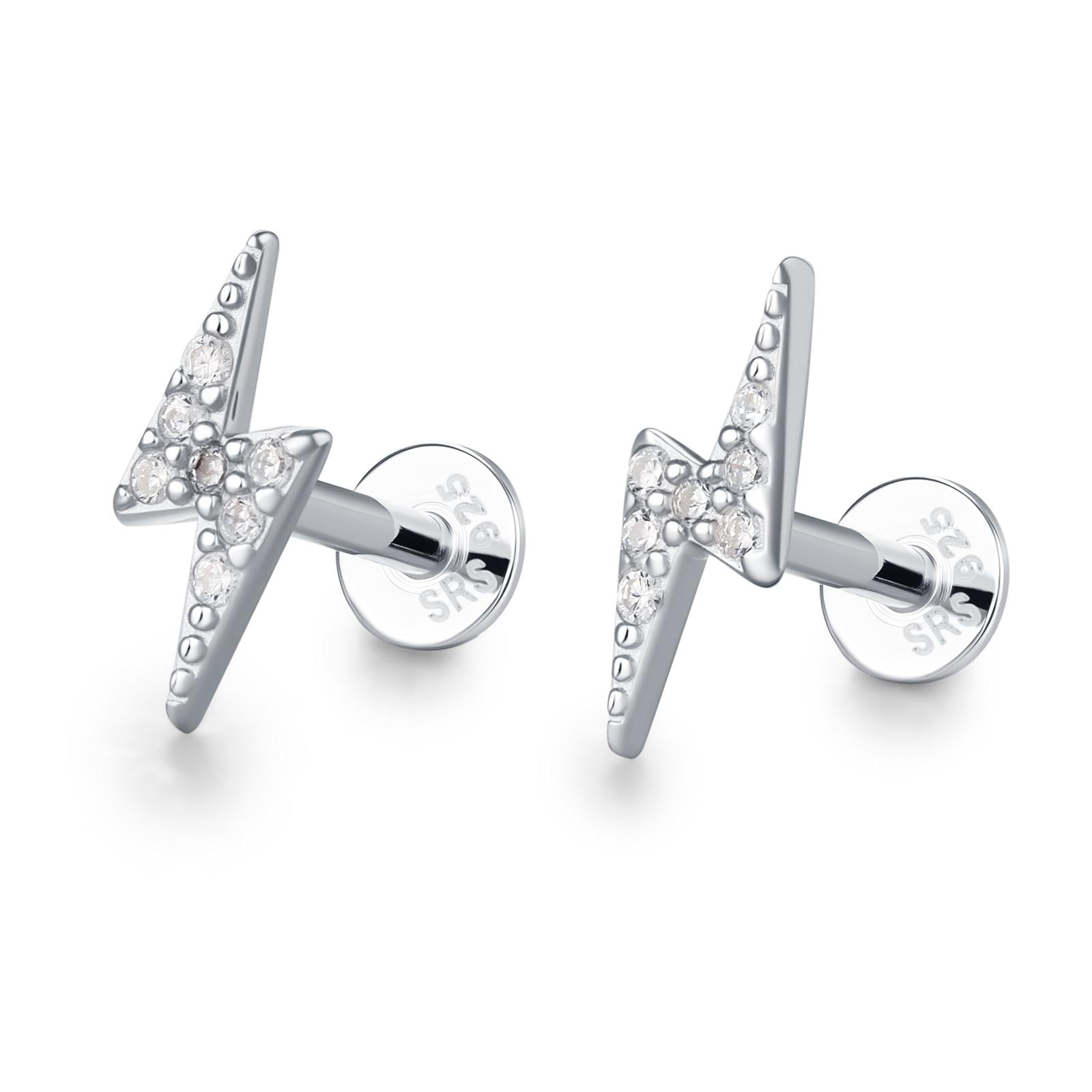 Sterling Silver CZ Lightning Bolt 16G Flat Back Labret