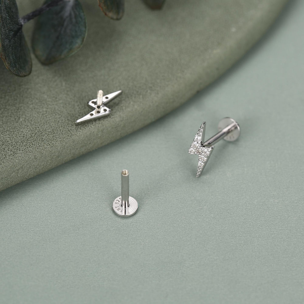 Sterling Silver CZ Lightning Bolt 16G Flat Back Labret